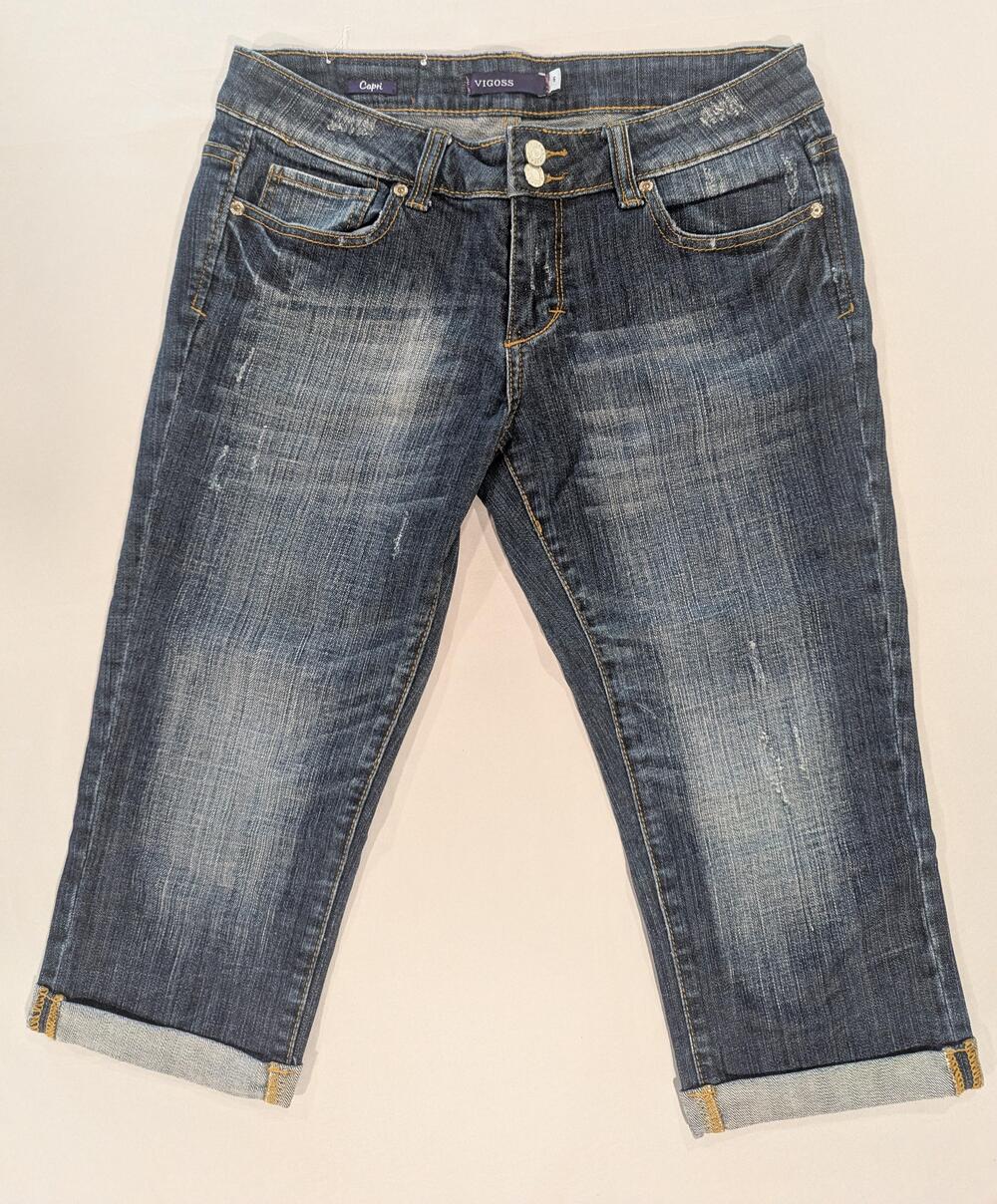 Vigoss Capri Jeans Juniors 5 Blue Med Wash Low Rise Distressed Stretch Denim